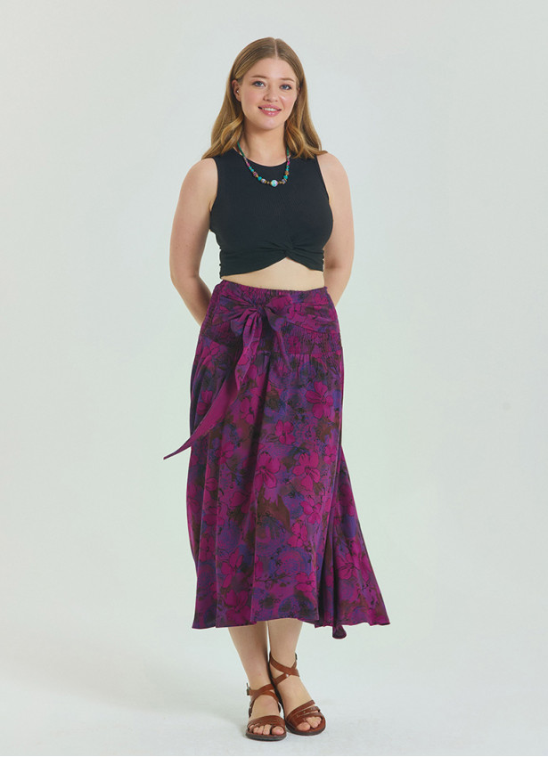 Gipe Waist Tied Wine Patterned Plus Size Skirt 4598